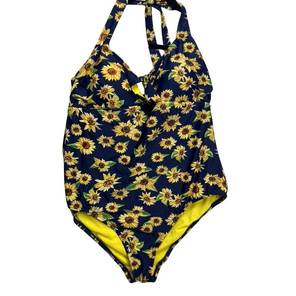 Peyton & Parker Sunflower-Print Navy One-Piece Halter Swimsuit - Size 0X